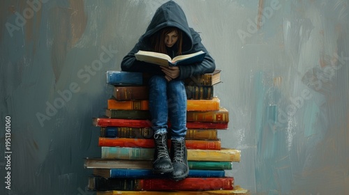 An artistic digital illustration of a young woman wearing a dark hoodie sitting atop a high stack of colorful hardcover books while engrossed in reading. Painterly texture. AI Generated.