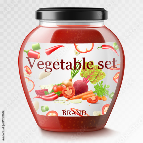 Vegetable smoothie or borscht dressing made from carrots, beets, onions and tomatoes in glass jar. Realistic 3d vector Illustration. Glass Jar with Preserved Beetroot. Natural organic food label.