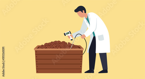 A person in a lab coat measures the temperature of a crate full of coffee beans
