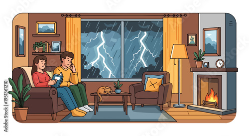 A couple reads books by a cozy fireplace while a storm rages outside
