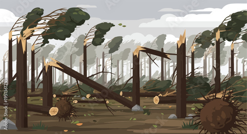 A forest scene depicts the aftermath of a strong storm, with trees broken and fallen