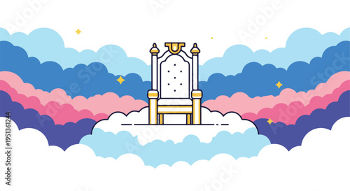 A white and gold throne rests upon clouds under a starry, colorful sky
