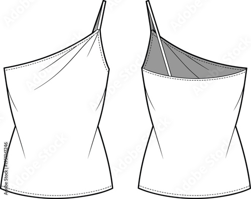 Women asymmetric camisole top technical fashion illustration front and back view, one shoulder strap design, minimalist apparel template isolated on white background