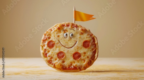 A whimsical 3D illustration of a round pepperoni pizza with a cute smiling face and expressive eyes. A small yellow flag is planted on top, set against a warm, neutral background. AI Generated.