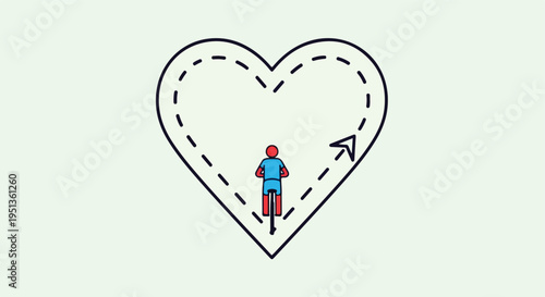 A person cycles within a heart shape path, with a directional arrow