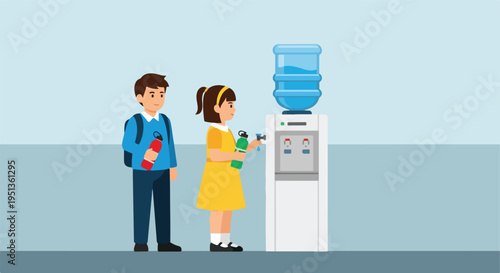 Children with water bottles near a water cooler