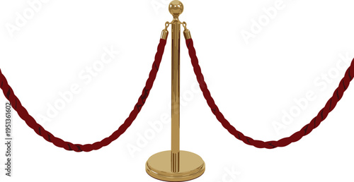 Golden stanchion barrier with red velvet rope illustration, crowd control post isolated on white background, VIP event security and queue management concept