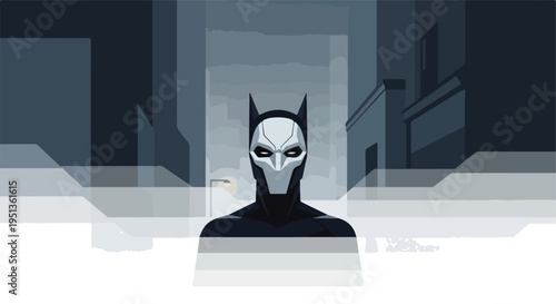 A stylized, monochrome figure with pointed ears and a mask stands before abstract city buildings