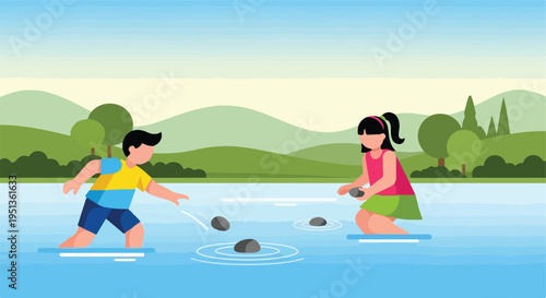 Children skipping stones across a calm body of water with a scenic, layered background
