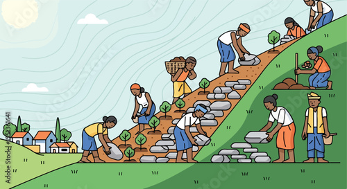 People working together on a hillside, building terraces, planting trees, and tending to homes