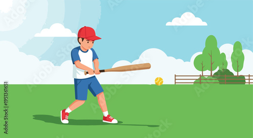A young boy in a red cap swings a bat at a baseball on a sunny day