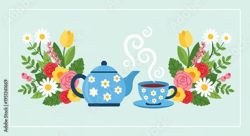 Vibrant floral arrangement with teapot and cup on saucer surrounded by colorful flowers and leaves on light green background evoking springtime and warm beverage enjoyment