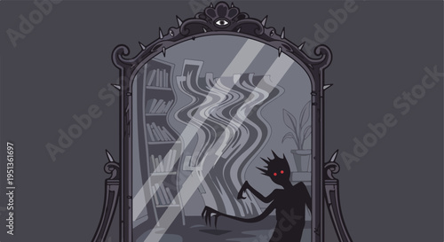 A spooky shadow creature with red eyes lurks behind a distorted, ornate mirror