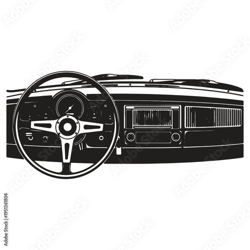 Vintage car dashboard steering wheel and controls illustration isolated on transparent background