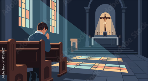 Person in church prays before altar with crucifix, bathed in light