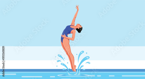 Woman in blue swimsuit leaps from water in graceful pose, splashing