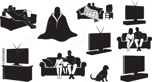 Silhouettes of people watching TV on couches at home