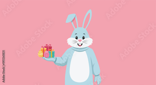 A friendly light blue bunny holds colorful Easter eggs and gifts on a soft pink background