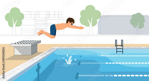 A swimmer dives into a pool with lanes, a diving board, and trees