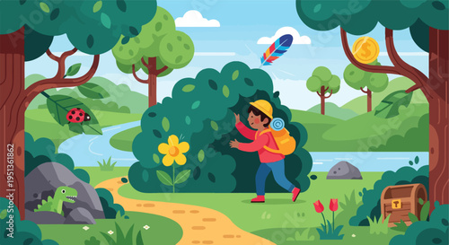 A child with a backpack explores a colorful forest, discovering nature and hidden treasures