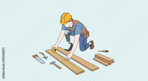 A construction worker with a prosthetic leg measures wood planks with tools