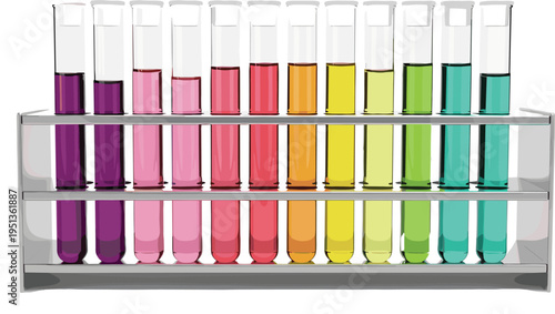 Laboratory test tubes with colorful chemical liquids in rack illustration, scientific experiment glassware isolated on white background, chemistry research and laboratory analysis concept