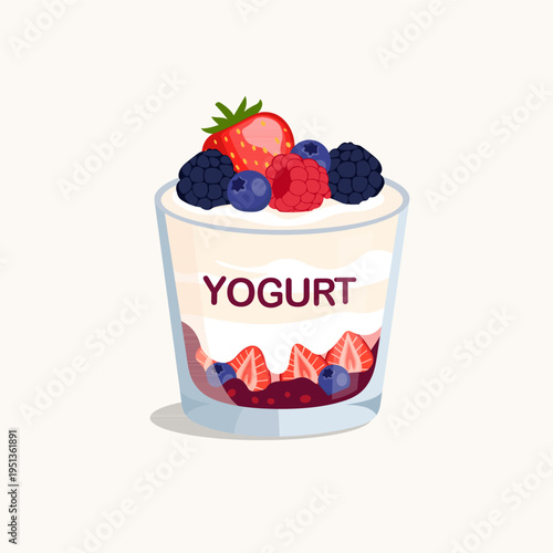 Fresh berry yogurt cup with layered fruit jam and mixed berries on top.
