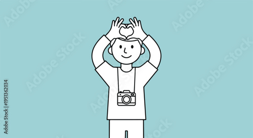 A smiling person with a camera around their neck forms a heart shape with their hands above their head