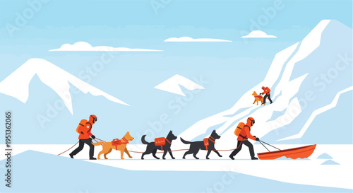 People with sled dogs trek across a snowy landscape with mountains in the background