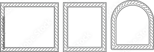 Rope frame and border set. Vector nautical arch and square twisted cord frames isolated on white background.