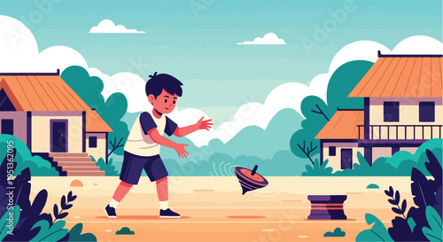 A joyful child plays with a spinning top in a quaint village setting