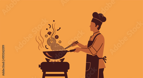 Chef expertly stir-frying noodles and vegetables in a wok over a stove