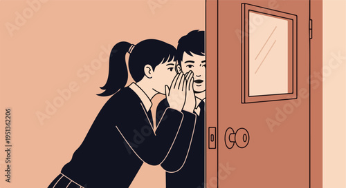 Two young people in uniform whisper secrets near a door with a mirrored panel