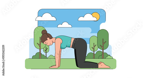 Woman in yoga pose on grassy field with trees, clouds, and sun