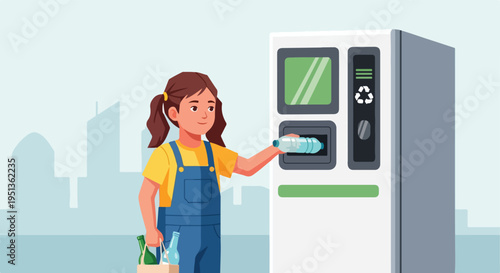 Young girl in blue overalls deposits plastic bottle into a recycling machine