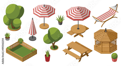 Isometric garden furniture vector set, outdoor chairs, tables, benches, patio, backyard, terrace, balcony, deck, seating arrangements, cozy outdoor design, flat and isometric vector illustrations 
