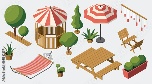 Garden furniture vector set, isometric outdoor chairs, tables, benches, patio and terrace design, backyard seating, deck arrangement, balcony furniture, vector illustrations for apps, websites, 