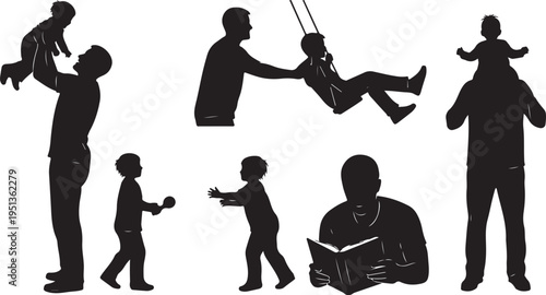 Silhouettes of fathers and children playing together happily outdoors