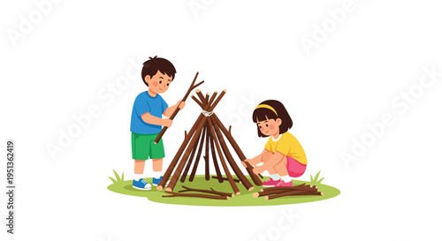 Two children building a small stick structure on green grass