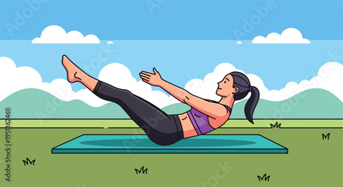 Woman performs yoga pose on mat outdoors with clouds and hills