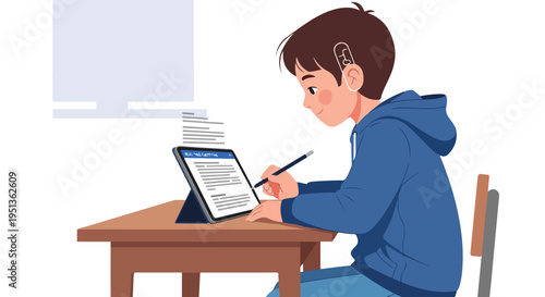 Young person with hearing aid learns on a tablet at a desk