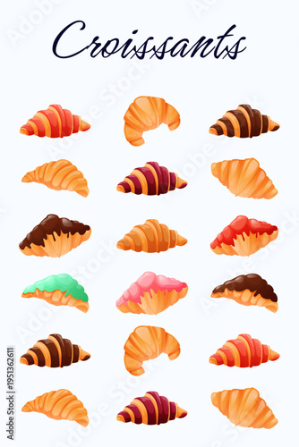 Set of fresh baked croissants isolated on white background. French pastry croissant set and collection. buttered baked croissant breakfast bread set. Fresh bakery croissants set and collection