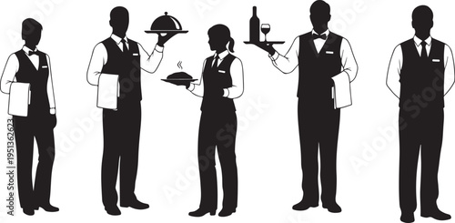 Silhouettes of waitstaff in various serving positions standing