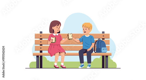 Two children sharing sandwiches on a park bench with a backpack nearby
