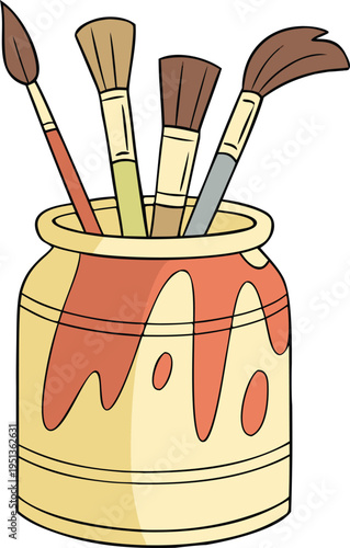 Paint brushes in a jar vector illustration showing various bristles and wooden handles inside a ceramic pot with orange paint drips on white background.