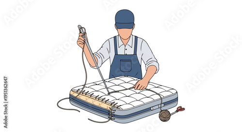 Person in overalls and cap meticulously sewing a mattress with a large needle and thread