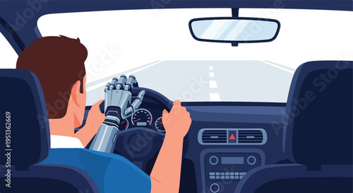 Robotic hand steers car with human passenger watching road ahead