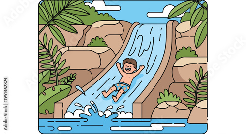 A boy gleefully slides down a water slide surrounded by lush foliage and rocky terrain