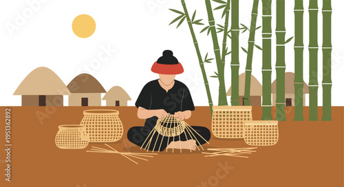 A person crafts baskets with bamboo under a yellow sun near thatched huts