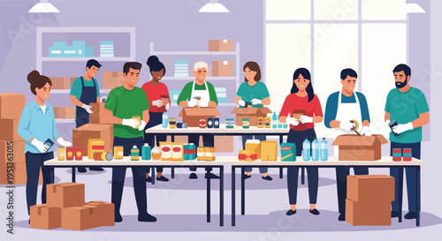 Diverse volunteers package essential goods for community support